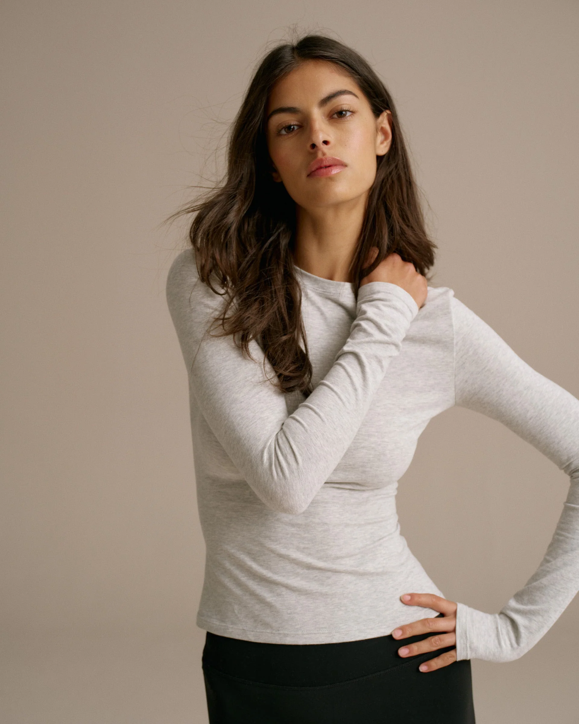 Cotton Long Sleeve Top - Grey Melange - Image 6