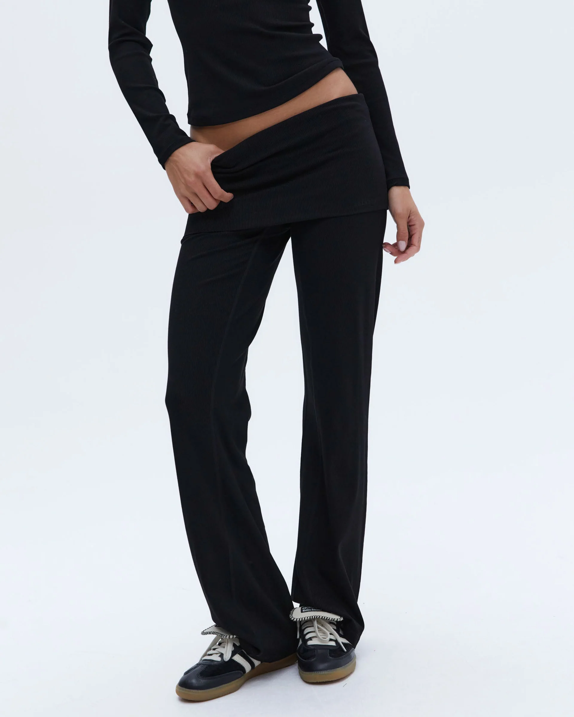 Rib Fold Over Pants - Black - Image 8